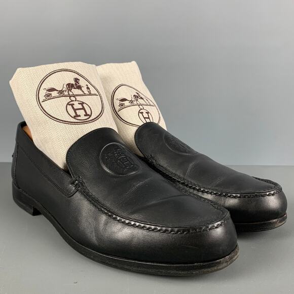 HERMES Size 9.5 H Crest Black Leather Slip On Loafers main image 4